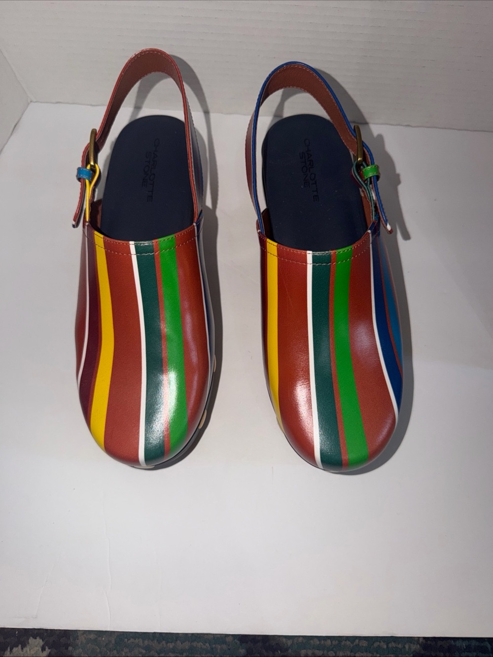 Charlotte Stone Jona Kite Stripe MultiColor Wood Platform Slingback Clog Size 12 - Picture 7 of 10